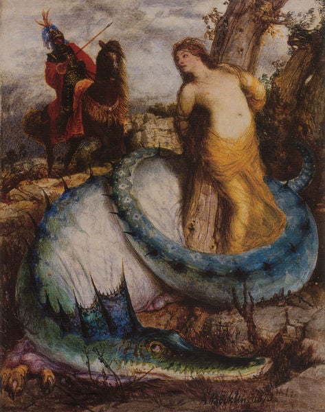 Angelika von einem Drachen bewacht. by Arnold Böcklin. 1873. Motifs recorded: frau, ritter, pferd, baum, reiter, lanze, drache, nackt.