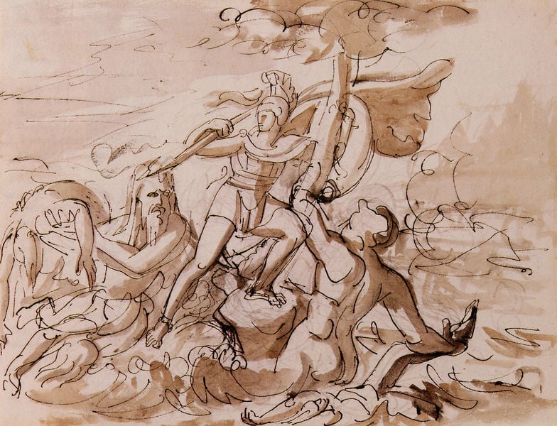 Achills Kampf mit den Flüssen. by Christian Friedrich Tieck. 1791–1851. Motifs recorded: skizze, helm, zeichnung, speer, kampf, wolken, tusche, krieger.