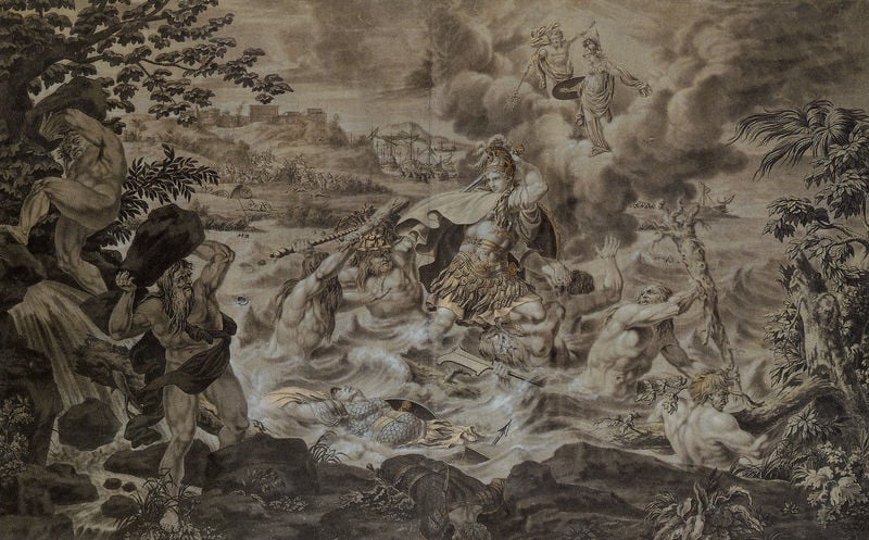 Achills Kampf mit den Flüssen. by Joseph Hoffmann. 1779–1812. Motifs recorded: kampf, wolken, götter, stein, wasser, bäume, schlacht, rüstung.