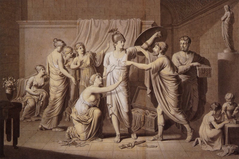 Achill auf Skyros. by Heinrich Kolbe. 1786–1836. Motifs recorded: kinder, schild, helm, frauen, truhe, vase, blumen, frau.