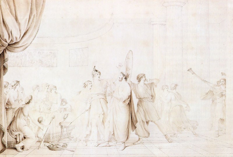 Achill auf Skyros. by Johann August Nahl. 1767–1825. Motifs recorded: vorhang, säulen, zeichnung, menschen, antike, männer, frauen, skizze.