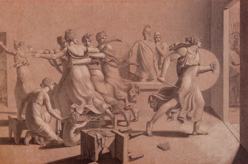Achill auf Skyros. by Ludwig Lombach. 1787–1821. Motifs recorded: frauen, women, flucht, kind, stuhl, kampf, child, shield.