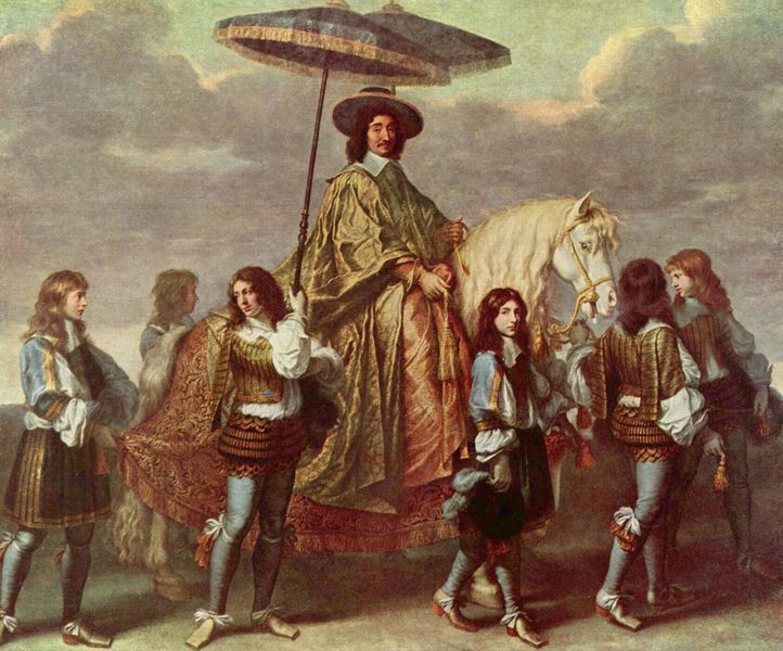 Der Kanzler Séguier beim Einzug Ludwigs XIV. in Paris im Jahre 1660. by Charles Le Brun. 1670. Motifs recorded: pferd, schirm, wolken, diener, schimmel, reiter, sonnenschirm, himmel.