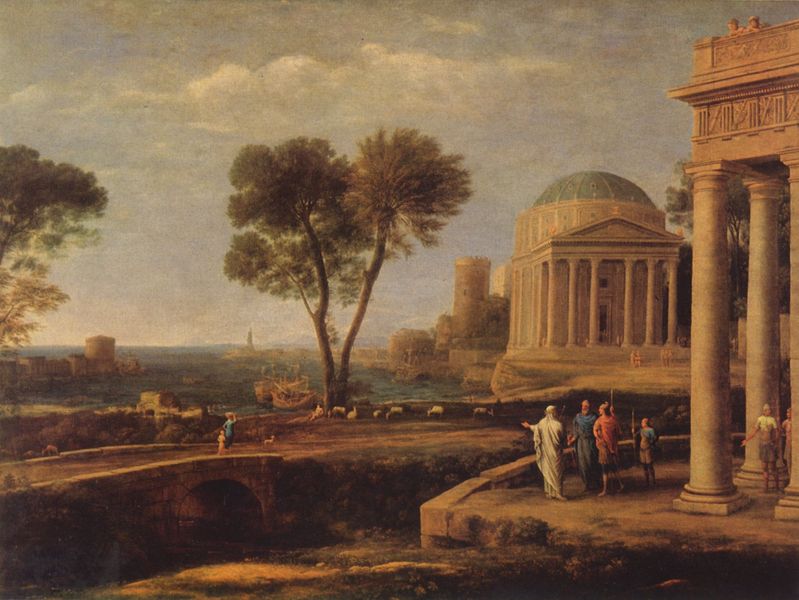 Aeneas auf Delos. by Claude Lorrain. 1671–1672. Motifs recorded: tempel, turm, brücke, säulen, baum, menschen, kuppel, himmel.