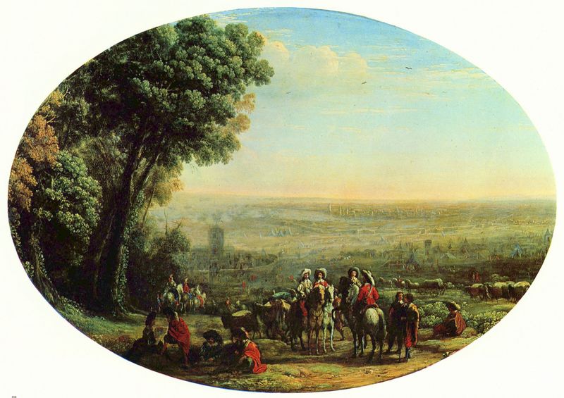 Belagerung von La Rochelle durch die Truppen Ludwigs XIII.. by Claude Lorrain. 1631. Motifs recorded: landschaft, baum, oval, reiter, pferde, stadt, himmel, rot.