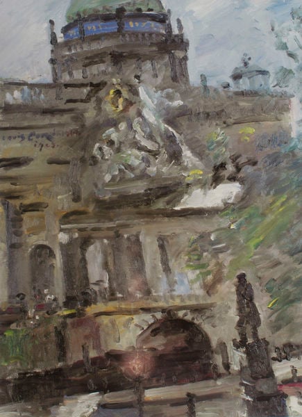 Die Schloßfreiheit in Berlin. by Lovis Corinth. 1923. Motifs recorded: building, dome, statue, kuppel, sky, painting, blue, gebäude.