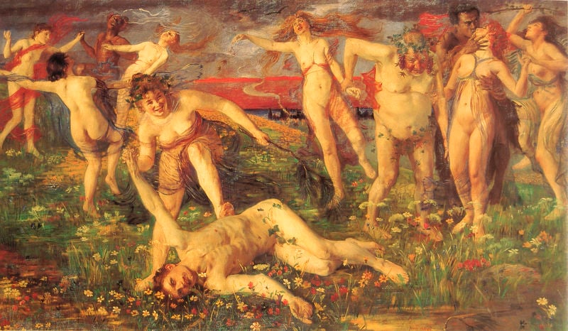Bacchanale. by Lovis Corinth. 1896. Motifs recorded: frauen, wiese, blumen, nackt, tanz, rot, kuss, orgie.