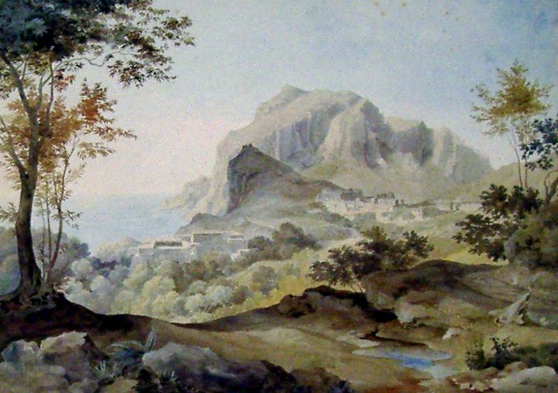 Auf Capri. by Johann Heinrich Schilbach. 1825. Motifs recorded: berg, landschaft, himmel, bäume, baum, meer, fels, bach.