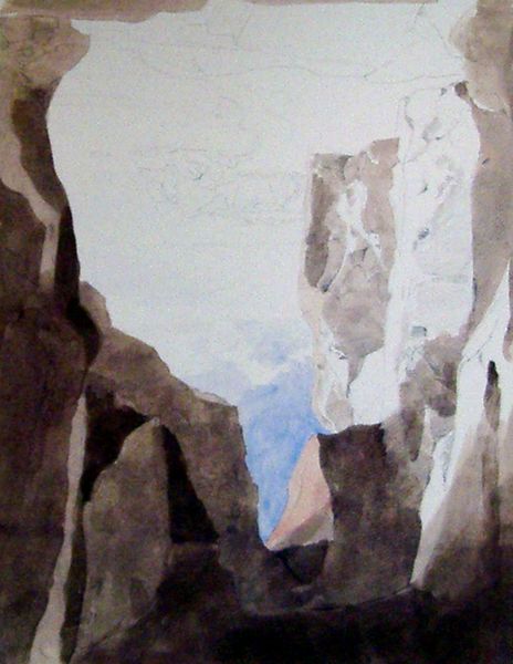 Blick aus einer Felsenhöhle auf die Küste bei Sorrent. by Johann Heinrich Schilbach. 1825. Motifs recorded: blau, himmel, felsen, aquarell, höhle, steine, grau, landschaft.
