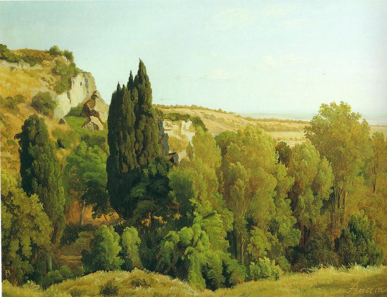 Zypressen bei Ariccia. by Georg Friedrich August Lucas. 1830–1832. Motifs recorded: grün, bäume, wald, landschaft, felsen, hügel, himmel, gras.