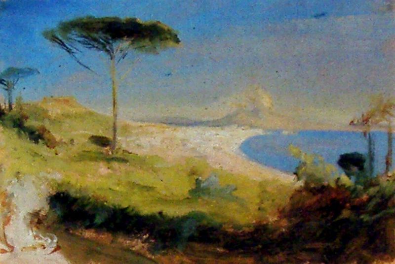 Blick auf den Golf von Neapel. by Karl Blechen. 1829–1835. Motifs recorded: baum, himmel, meer, strand, blau, grün, see, wasser.