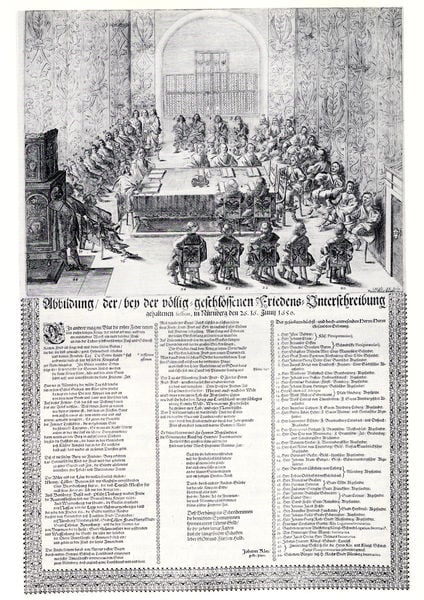Abbildung/ der/ bey der völlig= geschlossenen Friedens= Unterschreibung. 1650. Motifs recorded: tisch, stühle, text, versammlung, männer, schrift, druck, saal.