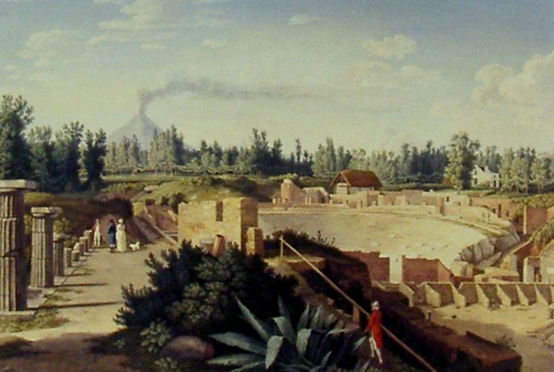 Ansicht des Theaters zu Pompeji. by Jacob Philipp Hackert. 1793. Motifs recorded: rauch, vulkan, säulen, mann, treppe, bäume, ruine, wald.