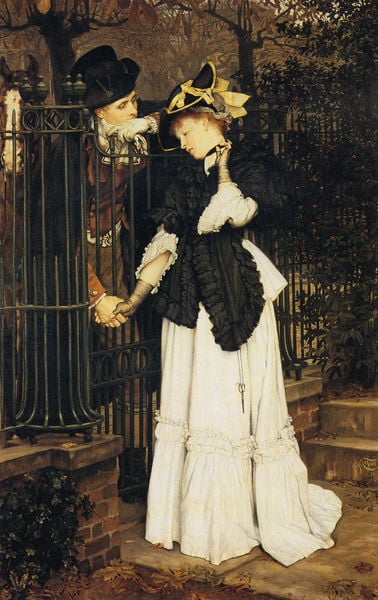 Abschied nehmen. by James Tissot. 1871. Motifs recorded: hat, man, woman, fence, dress, gate, white, trees.