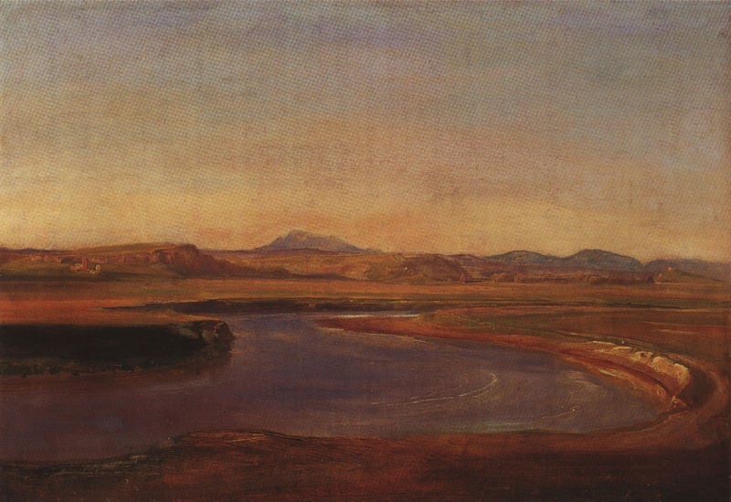 Acqua acetosa. by Karl Rottmann. 1829. Motifs recorded: landschaft, fluss, berge, braun, himmel, ufer, blau, wasser.