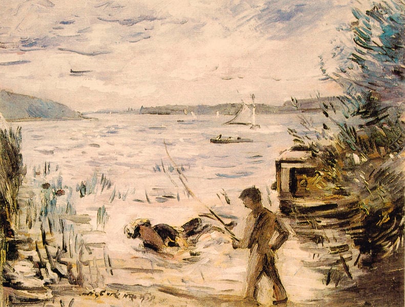 Am Müritzsee. by Lovis Corinth. 1915. Motifs recorded: see, wasser, ufer, mann, angel, boot, himmel, wolken.