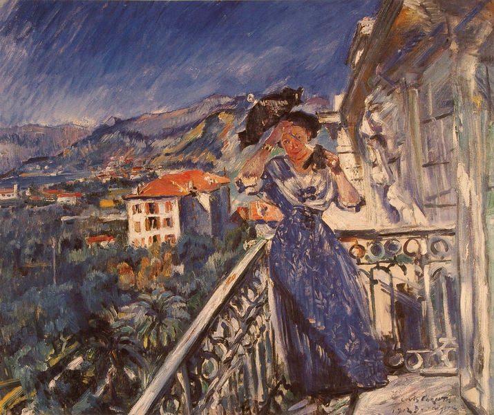 Balkonszene in Bordighera. by Lovis Corinth. 1912. Motifs recorded: balkon, frau, balcony, blau, woman, schirm, umbrella, kleid.