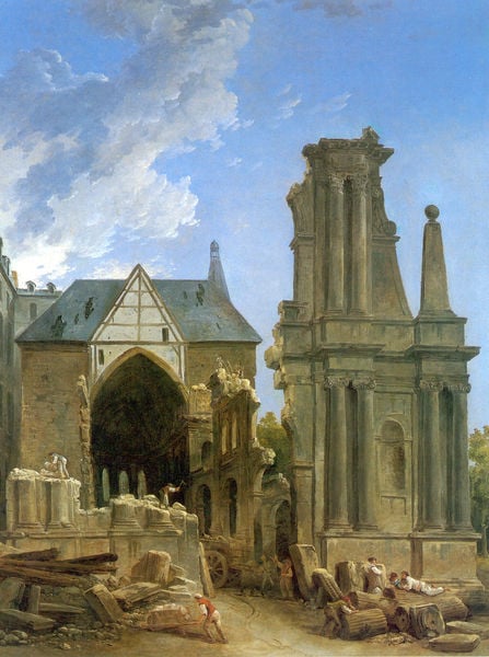 Abriß der Feuillantinerkirche. by Hubert Robert. 1755–1808. Motifs recorded: ruine, säulen, kirche, arbeiter, menschen, steine, wolken, dach.