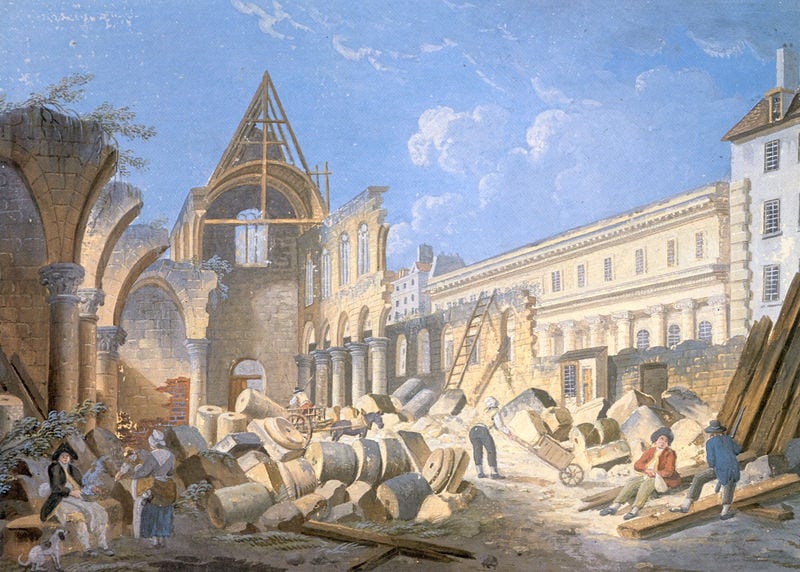 Abriß der Franziskanerkirche. by Pierre Antoine Demachy. 1793–1794. Motifs recorded: ruine, kirche, säulen, hund, leiter, baustelle, himmel, chien.