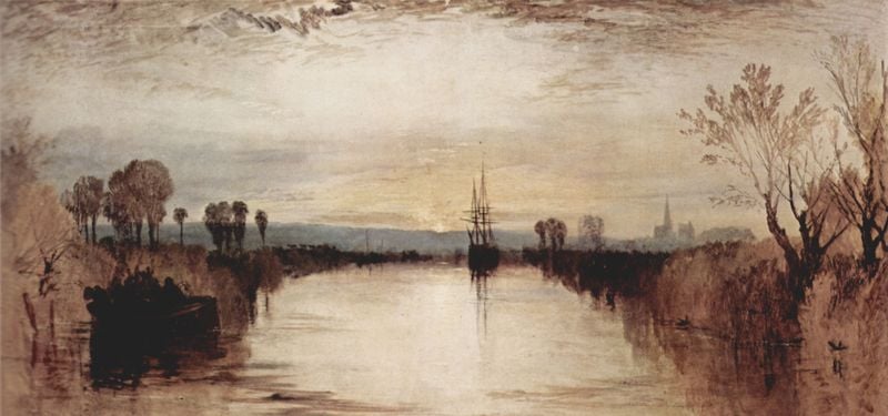 Abendlandschaft, wahrscheinlich der Kanal von Chichester. by William Turner. 1826–1830. Motifs recorded: schiff, boot, bäume, kirche, fluss, stadt, himmel, landschaft.