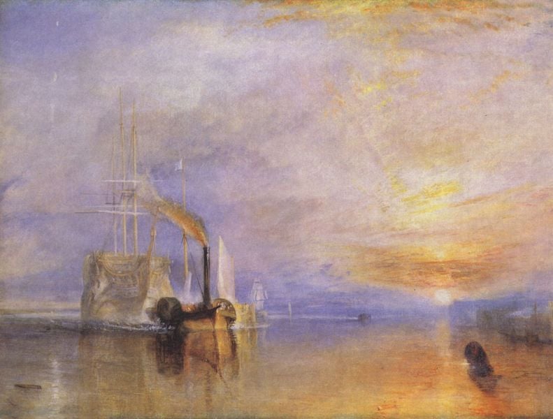 Die letzte Fahrt der ""Fighting Témeraire"". by William Turner. 1838. Motifs recorded: schiff, meer, sonnenuntergang, blau, sonne, segel, wasser, turner.