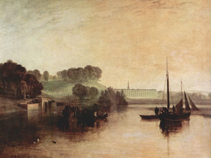 Petworth Sussex, Wohnsitz des Earl of Egremont, Taufrischer Morgen. by William Turner. 1810. Motifs recorded: wasser, boote, hügel, segel, landschaft, fischer, see, schiffe.