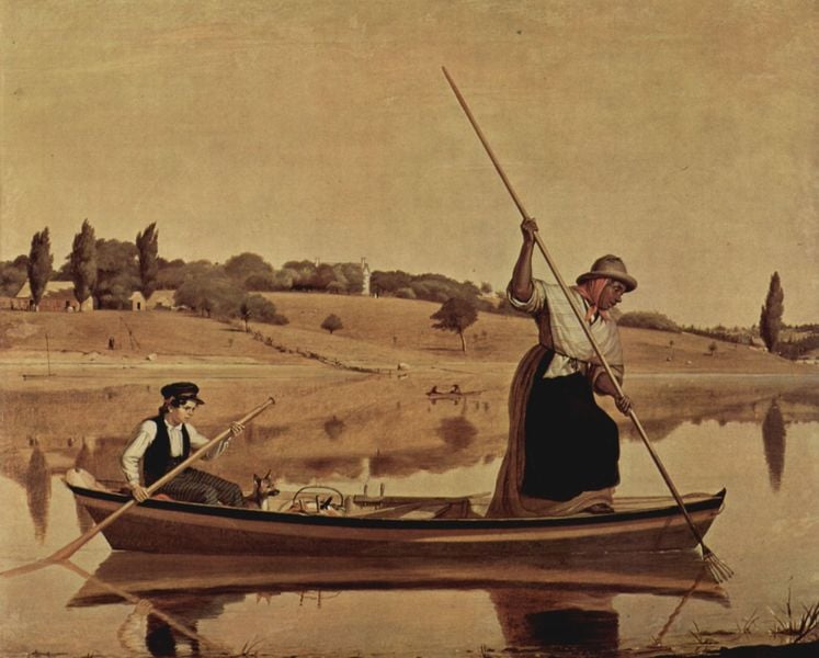 Aalfischer in Setauket. by William Sidney Mount. 1845. Motifs recorded: boot, junge, frau, hund, landschaft, ufer, see, hut.
