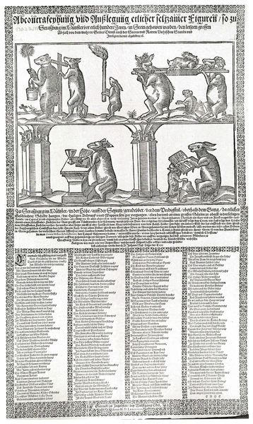Abcontrafeyhung vnd Außlegung etlicher seltzamer Figuren. by Tobias Stimmer. 1588. Motifs recorded: tiere, druck, fabel, schrift, text, hasen, spalten, bär.