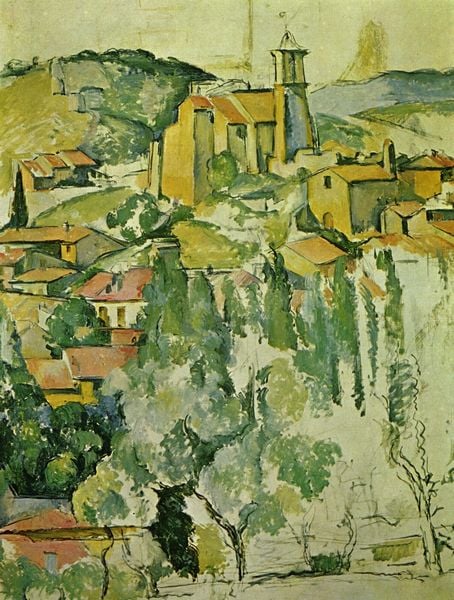 Blick auf Gardanne. by Paul Cézanne. 1885–1886. Motifs recorded: grün, kirche, hügel, dächer, bäume, dorf, turm, häuser.