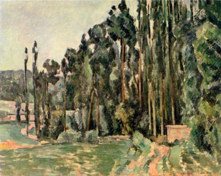 Die Pappeln. by Paul Cézanne. 1879–1882. Motifs recorded: bäume, weg, grün, himmel, wiese, wald, landschaft, hügel.