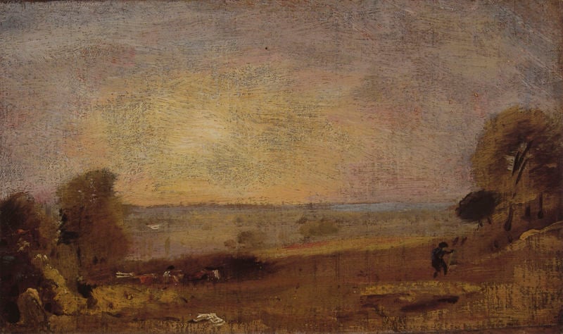 Dedham Vale. by John Constable. 1810. Motifs recorded: landschaft, see, baum, sonne, himmel, bäume, braun, licht.