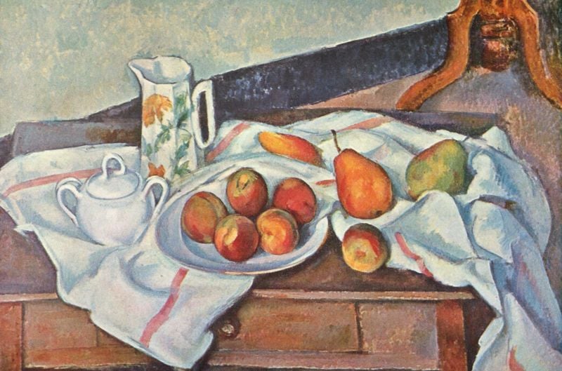 Stilleben mit Zuckerdose. by Paul Cézanne. 1888–1890. Motifs recorded: tisch, stilleben, schublade, tuch, kanne, birne, teller, krug.