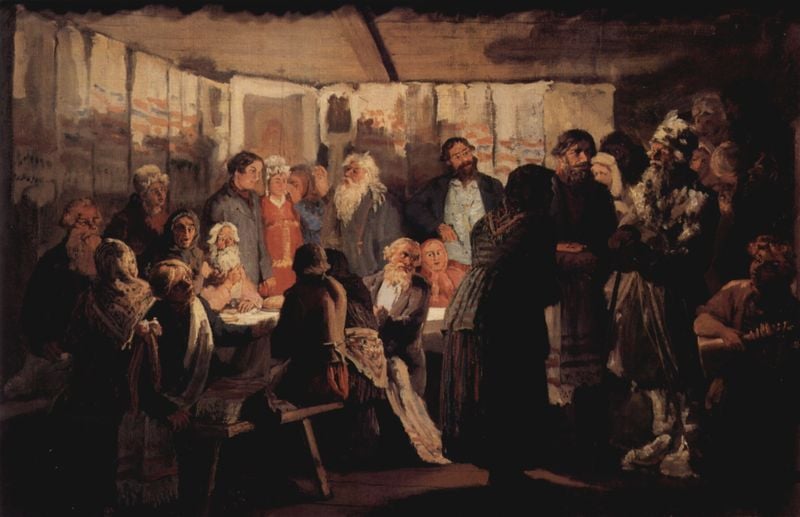 Ankunft des Zauberers auf der Dorfhochzeit. by Wassilij Maximowitsch Maximow. 1874. Motifs recorded: versammlung, bart, tisch, menschen, raum, dunkel, frau, rot.