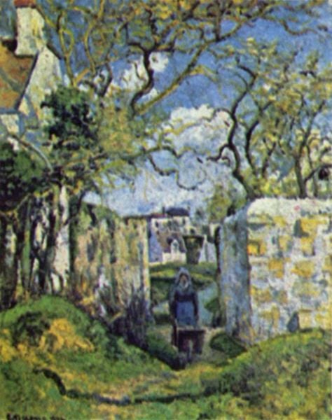 Bäuerin mit Schubkarren. by Camille Pissarro. 1874. Motifs recorded: wiese, blau, grün, mauer, bäume, schubkarre, frau, himmel.