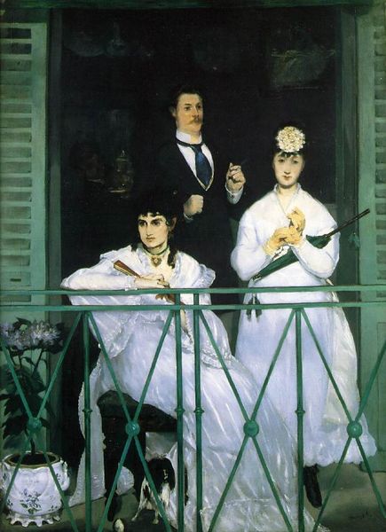 Der Balkon. by Édouard Manet. 1868–1869. Motifs recorded: krawatte, balkon, blume, weiß, women, schirm, fächer, mann.
