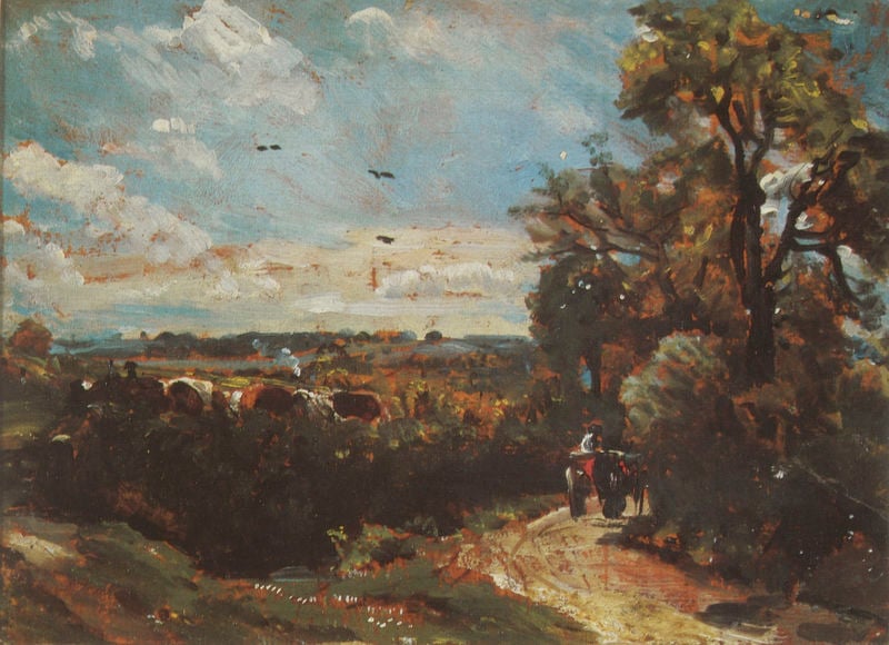 A Cart on the Lane from East Bergholt to Flatford. by John Constable. 1811. Motifs recorded: landschaft, weg, himmel, vögel, wolken, bäume, blau, kühe.