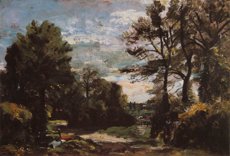 A Lane near Flatford. by John Constable. 1810–1812. Motifs recorded: bäume, weg, landschaft, himmel, frau, rot, grün, wolken.
