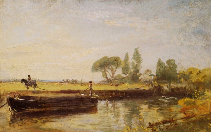 A Barge below Flatford Lock. by John Constable. 1808–1810. Motifs recorded: bäume, boot, pferd, wasser, himmel, spiegelung, fluss, landschaft.