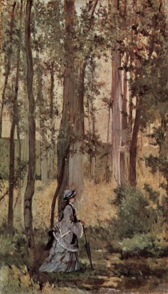Dame im Wald. by Giovanni Fattori. 1874–1875. Motifs recorded: frau, wald, schirm, hut, grau, bäume, spaziergang, kleid.