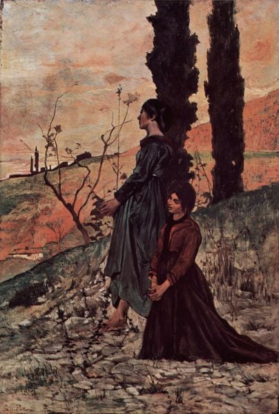 Abendgebet. by Giovanni Fattori. 1865–1870. Motifs recorded: frauen, kleid, kleider, landschaft, rot, knien, himmel, zypressen.