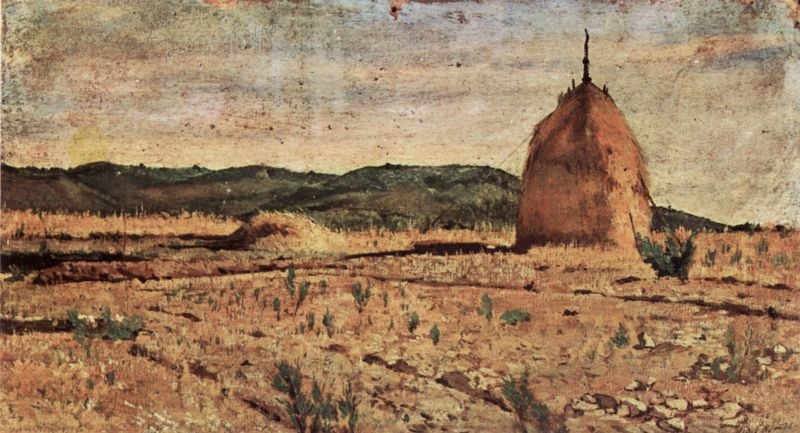 Der Heuschober. by Giovanni Fattori. 1867–1870. Motifs recorded: feld, heu, acker, hügel, himmel, landschaft, grün, steine.