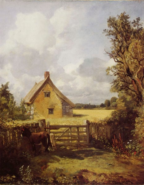A Cottage in a Cornfield. by John Constable. 1815–1833. Motifs recorded: haus, wolken, himmel, esel, gatter, bäume, zaun, gelb.