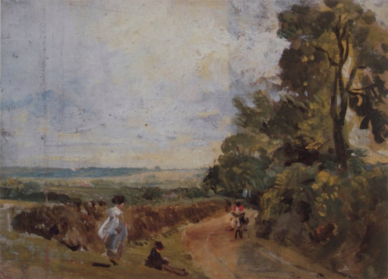 Figures and a Donkey on the Lane from East Bergholt to Flatford. by John Constable. 1810–1813. Motifs recorded: sky, road, donkey, woman, trees, landscape, man, blue.