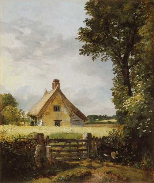 A Cottage in a Cornfield. by John Constable. 1817. Motifs recorded: haus, feld, himmel, zaun, wolken, baum, tor, landschaft.