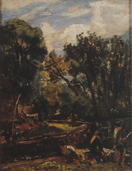 Anglers at Stratford Mill. by John Constable. 1811. Motifs recorded: bäume, himmel, grün, wolken, landschaft, wald, dunkel, blau.