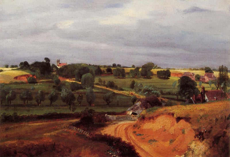 Brightwell Church and Village. by John Constable. 1815. Motifs recorded: weg, landschaft, feld, grün, bäume, kirche, wolken, himmel.