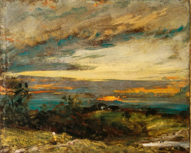 Hampstead Heath, Sun Setting over Harrow. by John Constable. 1821. Motifs recorded: himmel, landschaft, blau, wolken, wiese, grün, weiß, meer.