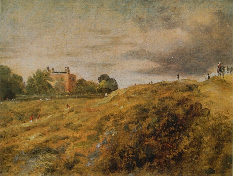 Anthony Spedding's House, Hampstead. by John Constable. 1820–1822. Motifs recorded: landschaft, haus, menschen, wolken, himmel, bäume, esel, grün.