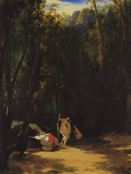 Badende Mädchen im Park von Terni. by Karl Blechen. 1835. Motifs recorded: wald, nackt, lichtung, licht, himmel, rot, frau, frauen.