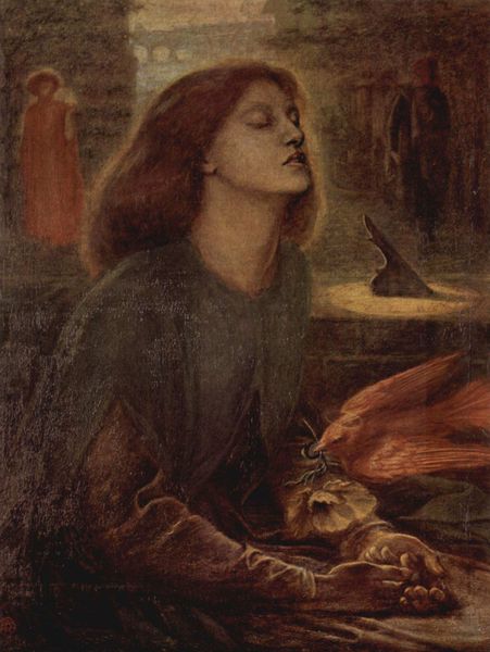 Beata Beatrix. by Dante Gabriel Rossetti. 1863. Motifs recorded: frau, rot, vogel, haare, taube, hintergrund, sonnenuhr, licht.